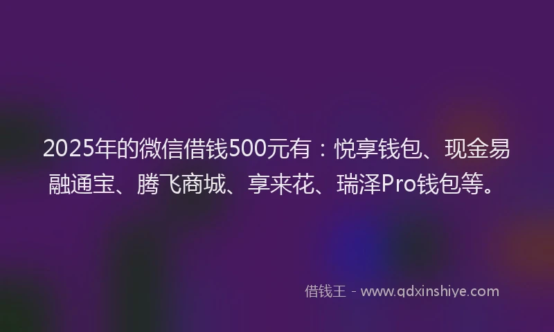 2025年的微信借钱500元有：悦享钱包、现金易融通宝、腾飞商城、享来花、瑞泽Pro钱包等。