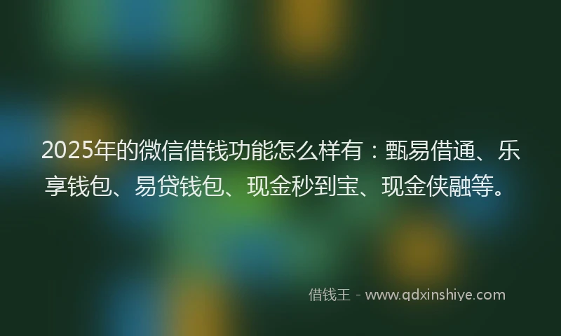2025年的微信借钱功能怎么样有：甄易借通、乐享钱包、易贷钱包、现金秒到宝、现金侠融等。