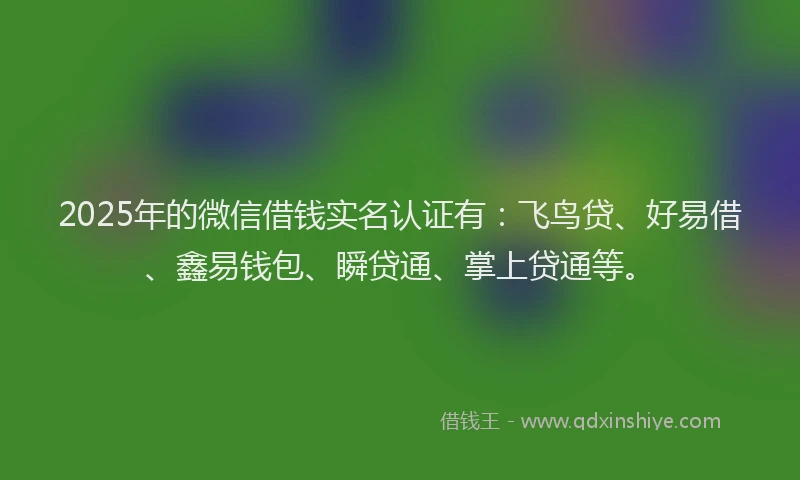2025年的微信借钱实名认证有：飞鸟贷、好易借、鑫易钱包、瞬贷通、掌上贷通等。