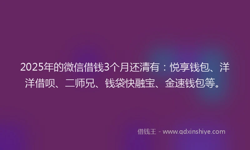 2025年的微信借钱3个月还清有：悦享钱包、洋洋借呗、二师兄、钱袋快融宝、金速钱包等。
