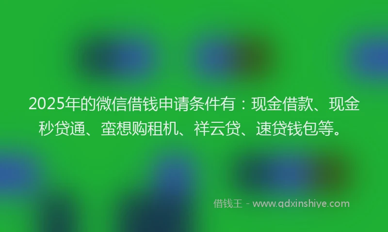 2025年的微信借钱申请条件有：现金借款、现金秒贷通、蛮想购租机、祥云贷、速贷钱包等。