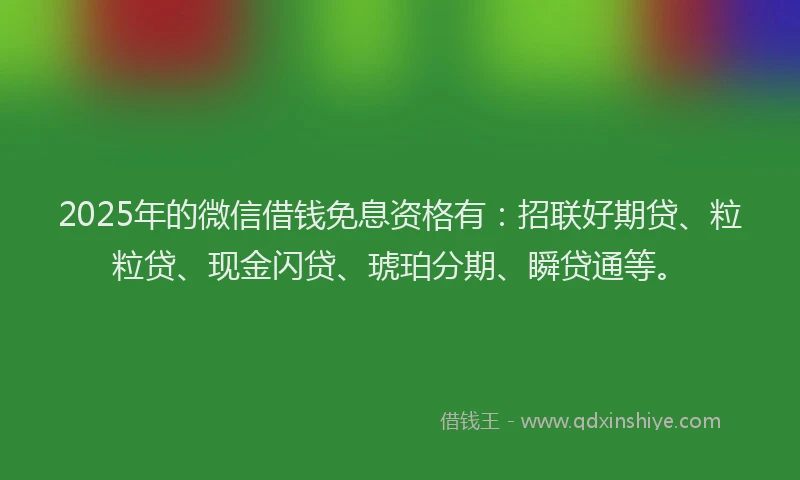 2025年的微信借钱免息资格有：招联好期贷、粒粒贷、现金闪贷、琥珀分期、瞬贷通等。