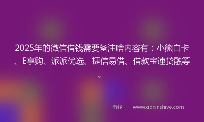 2025年的微信借钱需要备注啥内容有：小熊白卡、E享购、派派优选、捷信易借、借款宝速贷融等。