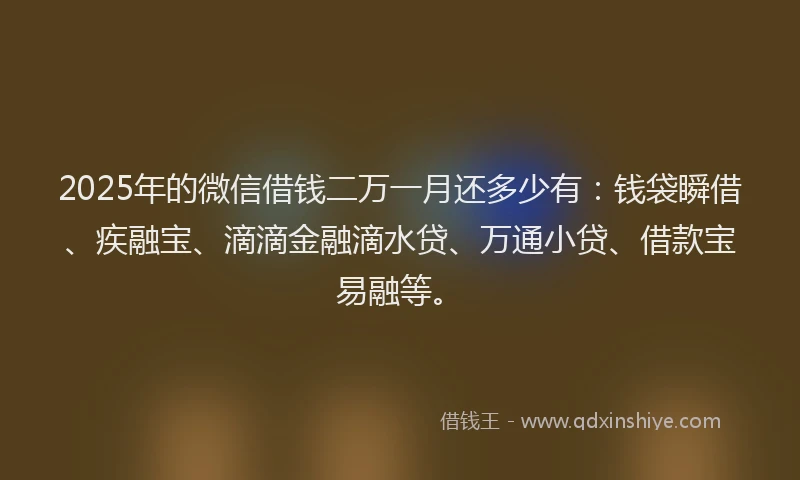 2025年的微信借钱二万一月还多少有：钱袋瞬借、疾融宝、滴滴金融滴水贷、万通小贷、借款宝易融等。