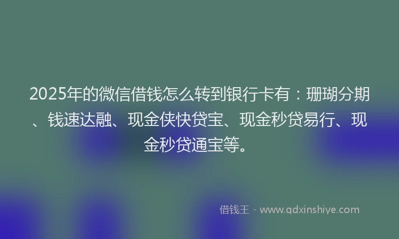 2025年的微信借钱怎么转到银行卡有：珊瑚分期、钱速达融、现金侠快贷宝、现金秒贷易行、现金秒贷通宝等。