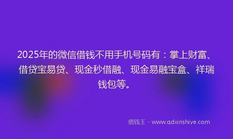2025年的微信借钱不用手机号码有：掌上财富、借贷宝易贷、现金秒借融、现金易融宝盒、祥瑞钱包等。