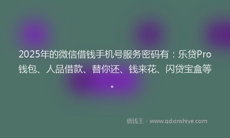 2025年的微信借钱手机号服务密码有：乐贷Pro钱包、人品借款、替你还、钱来花、闪贷宝盒等。
