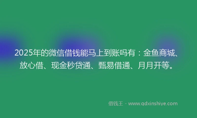 2025年的微信借钱能马上到账吗有：金鱼商城、放心借、现金秒贷通、甄易借通、月月开等。