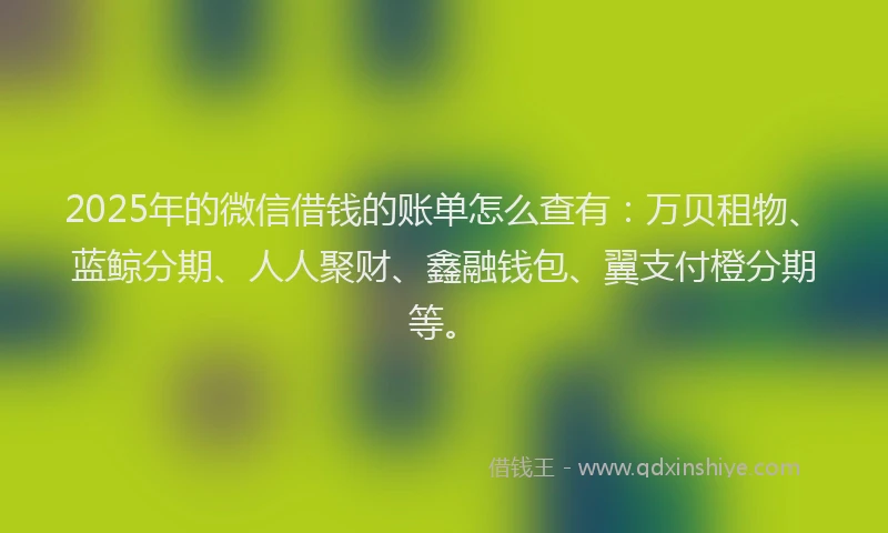 2025年的微信借钱的账单怎么查有：万贝租物、蓝鲸分期、人人聚财、鑫融钱包、翼支付橙分期等。