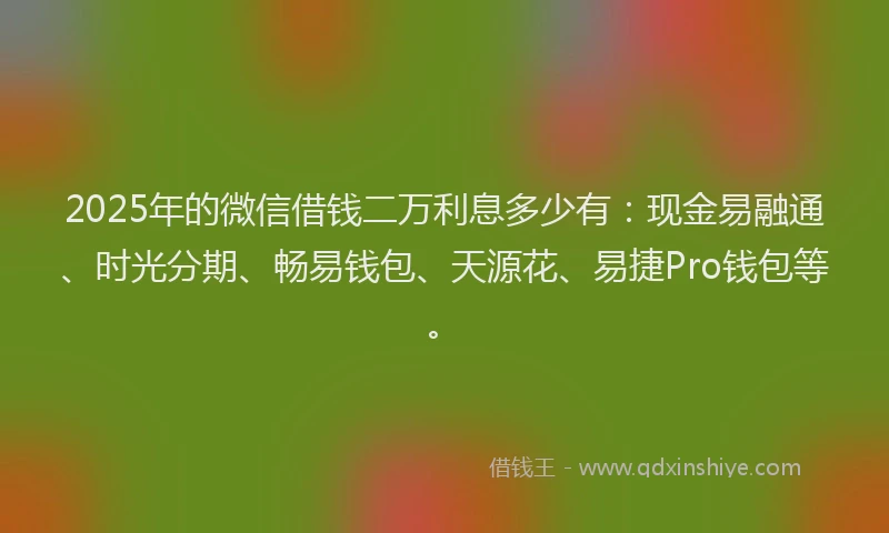 2025年的微信借钱二万利息多少有：现金易融通、时光分期、畅易钱包、天源花、易捷Pro钱包等。