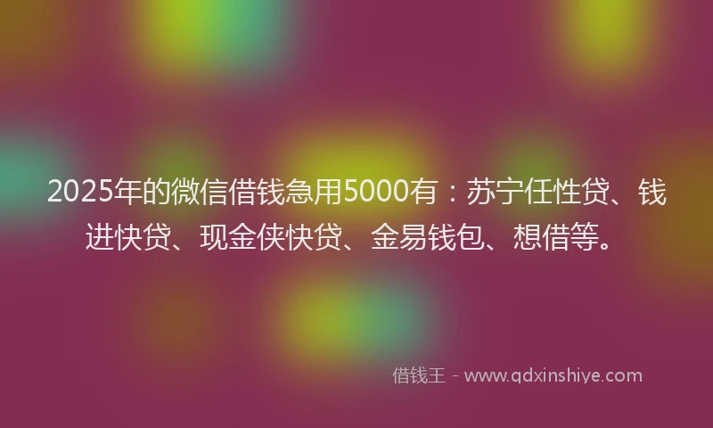2025年的微信借钱急用5000有：苏宁任性贷、钱进快贷、现金侠快贷、金易钱包、想借等。