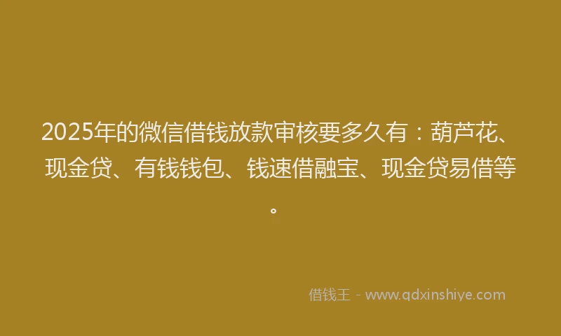 2025年的微信借钱放款审核要多久有：葫芦花、现金贷、有钱钱包、钱速借融宝、现金贷易借等。