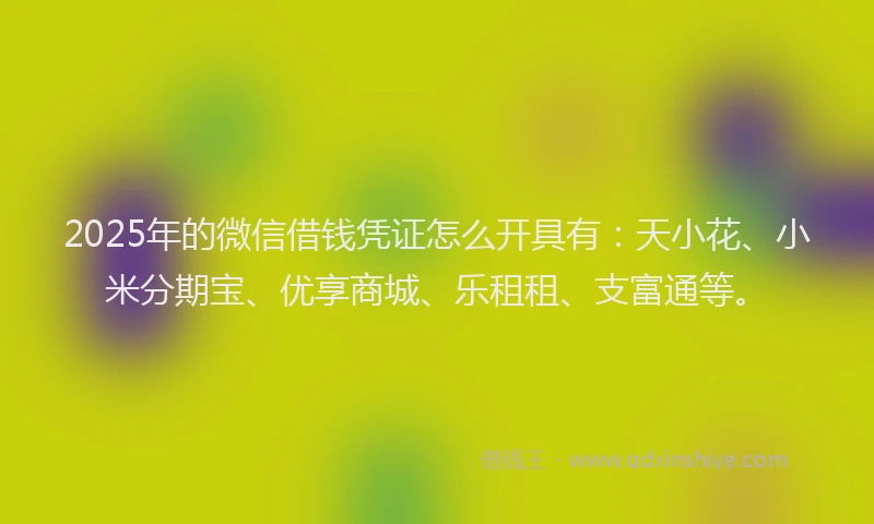 2025年的微信借钱凭证怎么开具有：天小花、小米分期宝、优享商城、乐租租、支富通等。