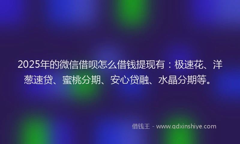 2025年的微信借呗怎么借钱提现有：极速花、洋葱速贷、蜜桃分期、安心贷融、水晶分期等。