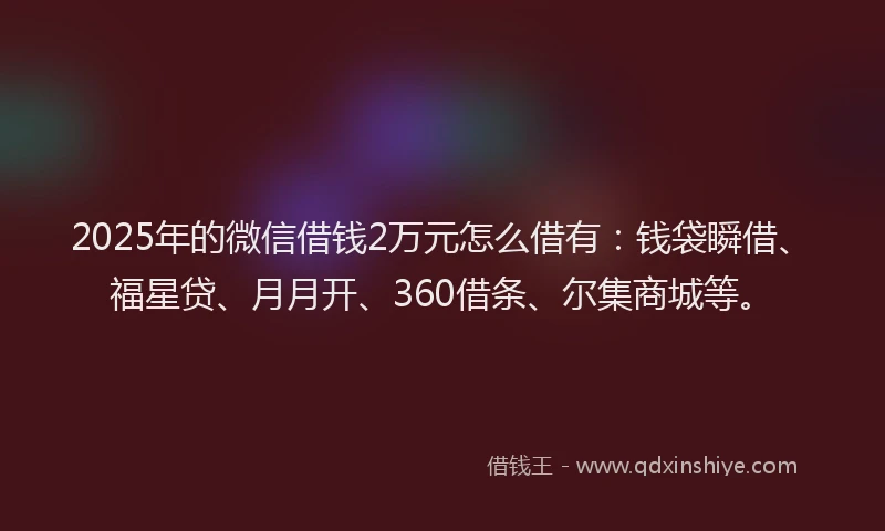 2025年的微信借钱2万元怎么借有：钱袋瞬借、福星贷、月月开、360借条、尔集商城等。
