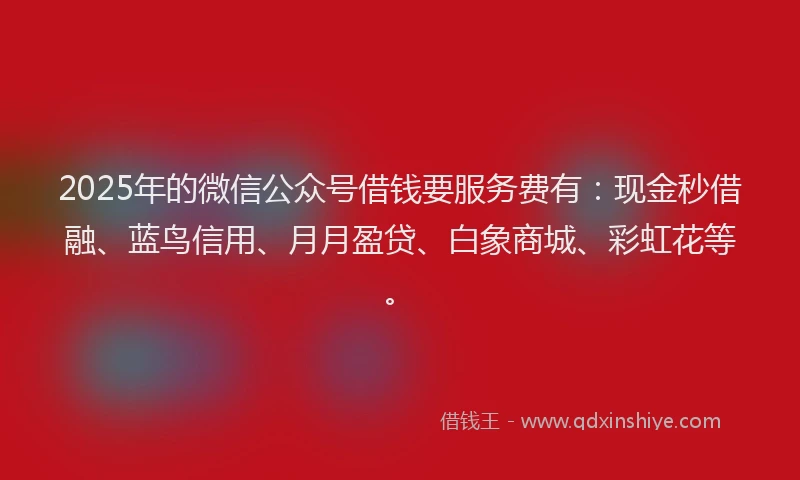 2025年的微信公众号借钱要服务费有：现金秒借融、蓝鸟信用、月月盈贷、白象商城、彩虹花等。
