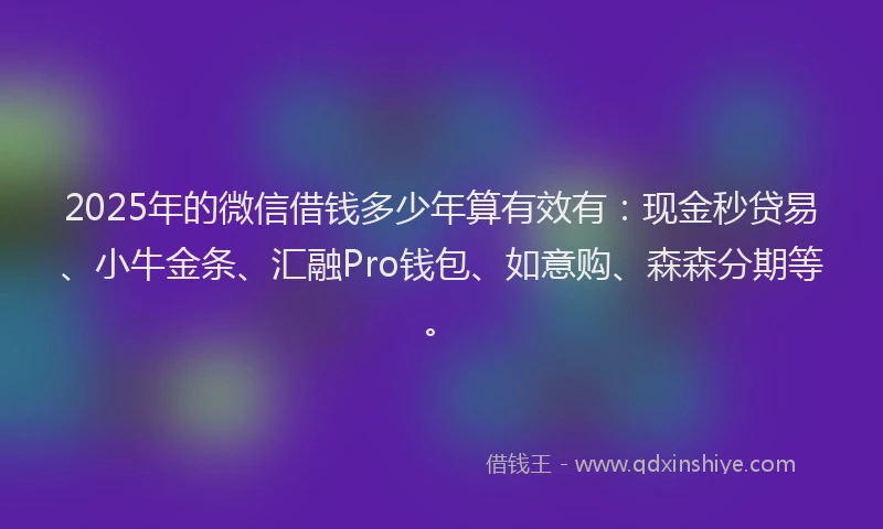 2025年的微信借钱多少年算有效有：现金秒贷易、小牛金条、汇融Pro钱包、如意购、森森分期等。