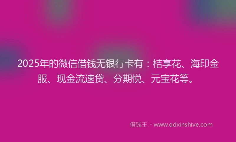 2025年的微信借钱无银行卡有：桔享花、海印金服、现金流速贷、分期悦、元宝花等。