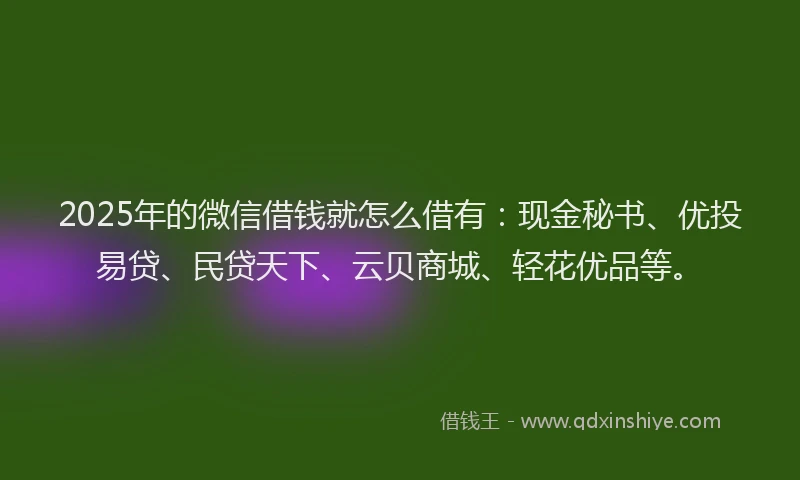 2025年的微信借钱就怎么借有：现金秘书、优投易贷、民贷天下、云贝商城、轻花优品等。