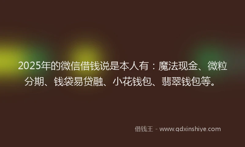 2025年的微信借钱说是本人有：魔法现金、微粒分期、钱袋易贷融、小花钱包、翡翠钱包等。