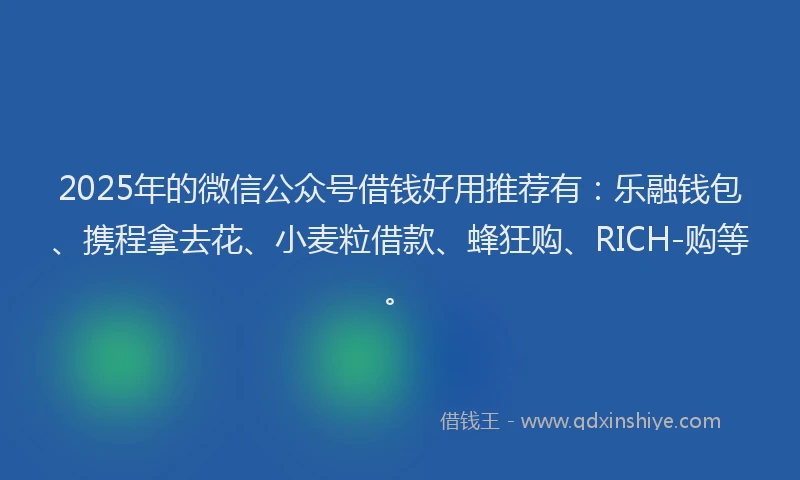 2025年的微信公众号借钱好用推荐有：乐融钱包、携程拿去花、小麦粒借款、蜂狂购、RICH-购等。