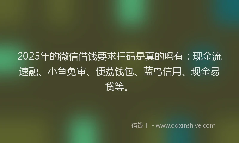 2025年的微信借钱要求扫码是真的吗有：现金流速融、小鱼免审、便荔钱包、蓝鸟信用、现金易贷等。