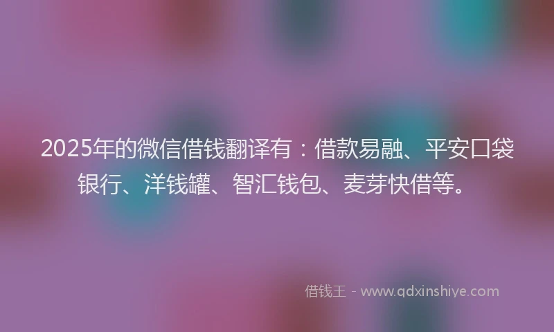 2025年的微信借钱翻译有：借款易融、平安口袋银行、洋钱罐、智汇钱包、麦芽快借等。