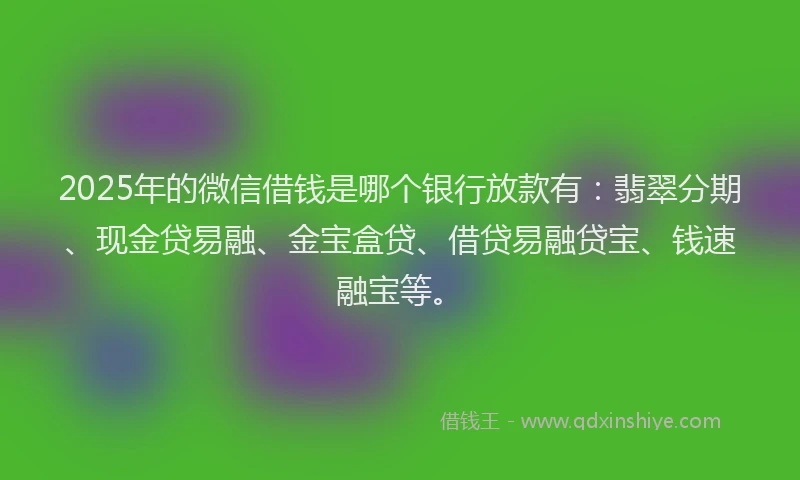 2025年的微信借钱是哪个银行放款有：翡翠分期、现金贷易融、金宝盒贷、借贷易融贷宝、钱速融宝等。