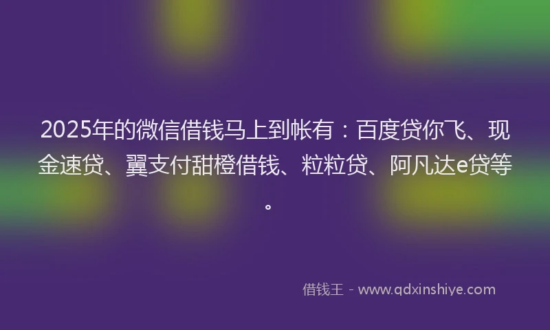 2025年的微信借钱马上到帐有：百度贷你飞、现金速贷、翼支付甜橙借钱、粒粒贷、阿凡达e贷等。