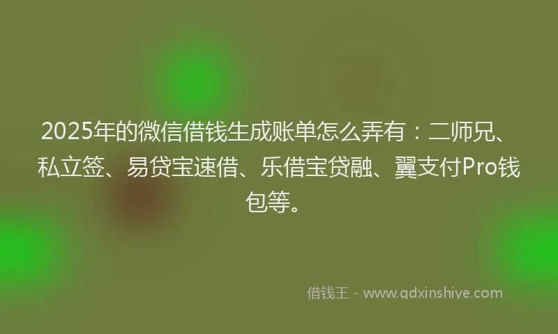 2025年的微信借钱生成账单怎么弄有：二师兄、私立签、易贷宝速借、乐借宝贷融、翼支付Pro钱包等。