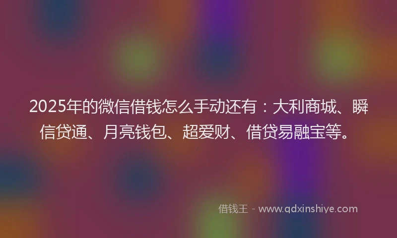 2025年的微信借钱怎么手动还有：大利商城、瞬信贷通、月亮钱包、超爱财、借贷易融宝等。