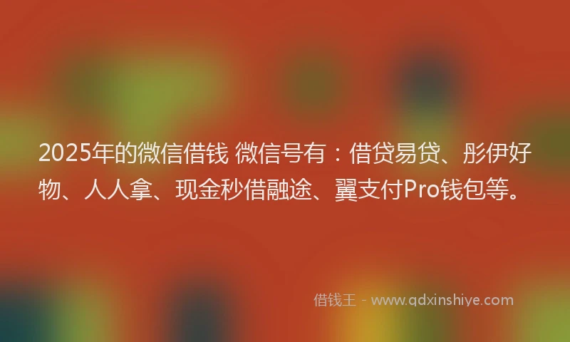 2025年的微信借钱 微信号有：借贷易贷、彤伊好物、人人拿、现金秒借融途、翼支付Pro钱包等。