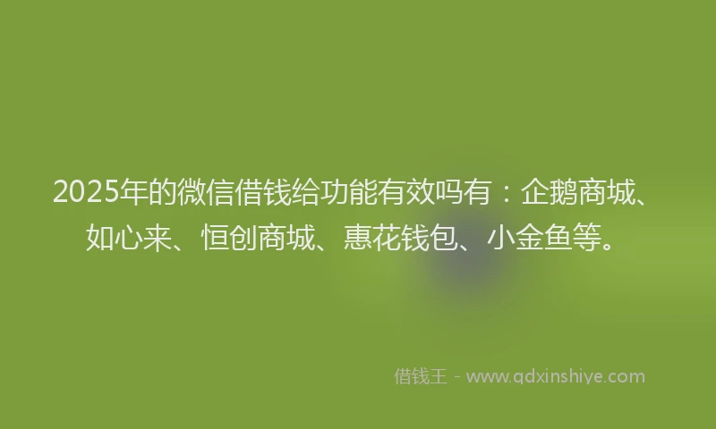 2025年的微信借钱给功能有效吗有：企鹅商城、如心来、恒创商城、惠花钱包、小金鱼等。