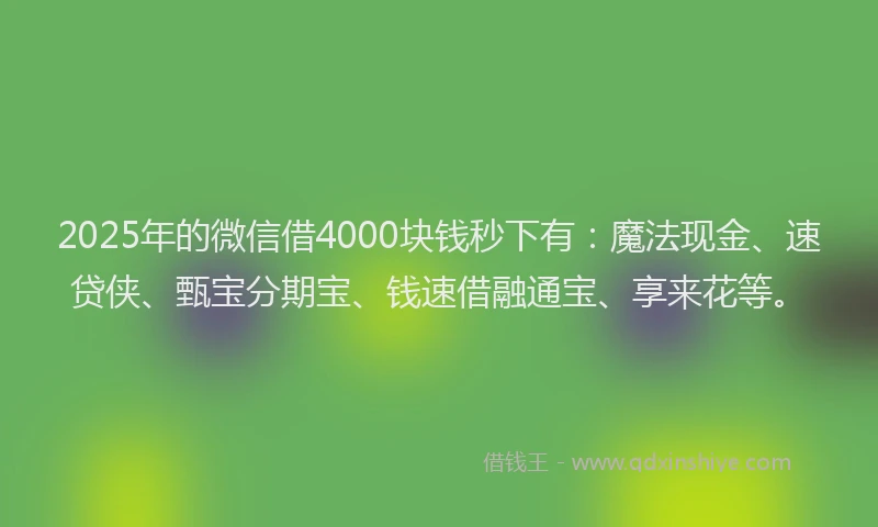 2025年的微信借4000块钱秒下有：魔法现金、速贷侠、甄宝分期宝、钱速借融通宝、享来花等。