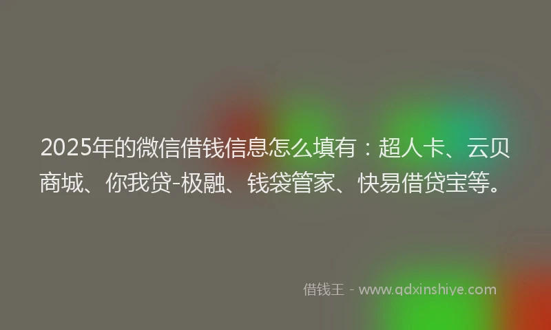 2025年的微信借钱信息怎么填有：超人卡、云贝商城、你我贷-极融、钱袋管家、快易借贷宝等。