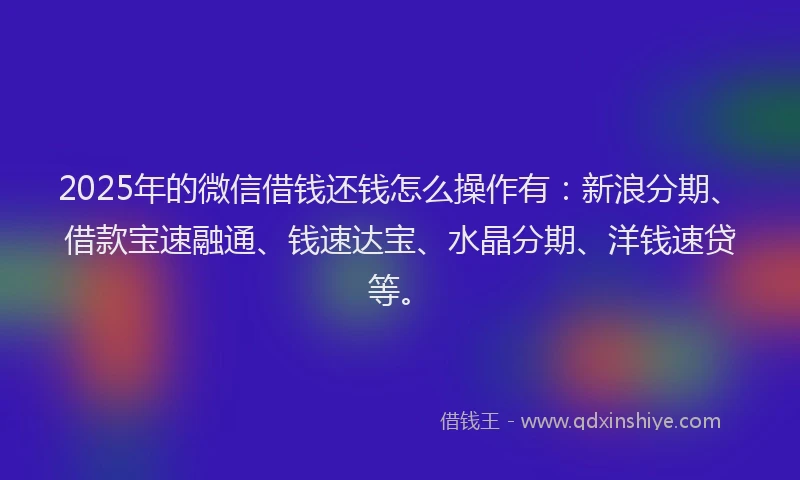 2025年的微信借钱还钱怎么操作有：新浪分期、借款宝速融通、钱速达宝、水晶分期、洋钱速贷等。