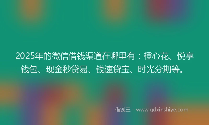 2025年的微信借钱渠道在哪里有：橙心花、悦享钱包、现金秒贷易、钱速贷宝、时光分期等。