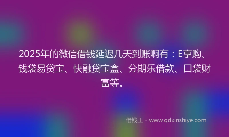 2025年的微信借钱延迟几天到账啊有：E享购、钱袋易贷宝、快融贷宝盒、分期乐借款、口袋财富等。