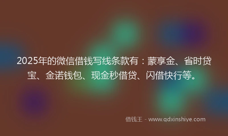2025年的微信借钱写线条款有：蒙享金、省时贷宝、金诺钱包、现金秒借贷、闪借快行等。