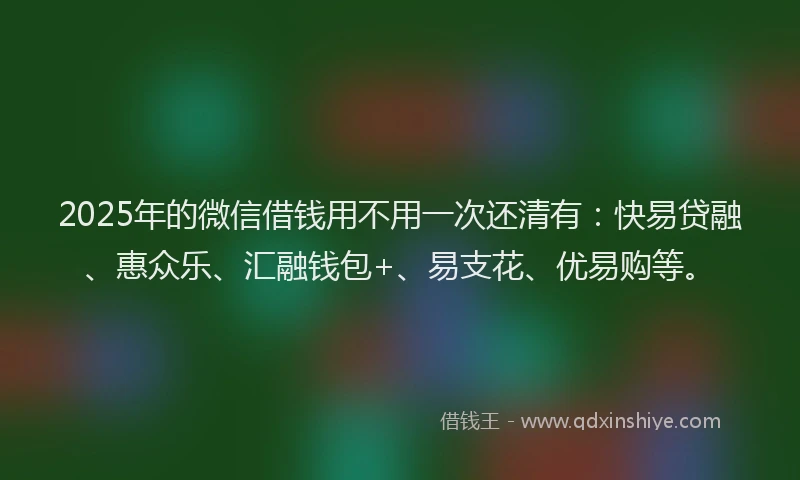 2025年的微信借钱用不用一次还清有：快易贷融、惠众乐、汇融钱包+、易支花、优易购等。