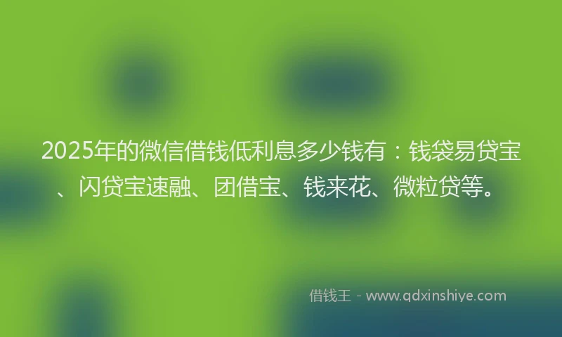 2025年的微信借钱低利息多少钱有：钱袋易贷宝、闪贷宝速融、团借宝、钱来花、微粒贷等。