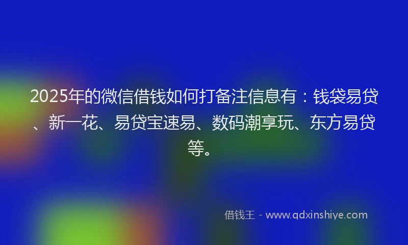 2025年的微信借钱如何打备注信息有：钱袋易贷、新一花、易贷宝速易、数码潮享玩、东方易贷等。