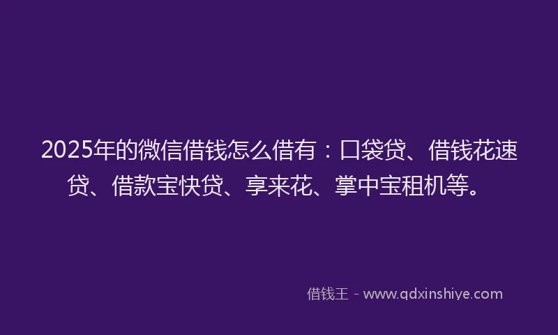 2025年的微信借钱怎么借有：口袋贷、借钱花速贷、借款宝快贷、享来花、掌中宝租机等。