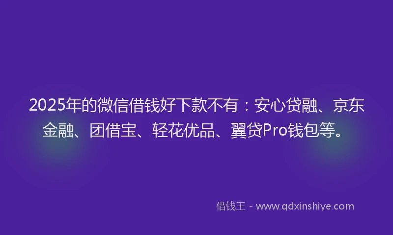 2025年的微信借钱好下款不有：安心贷融、京东金融、团借宝、轻花优品、翼贷Pro钱包等。