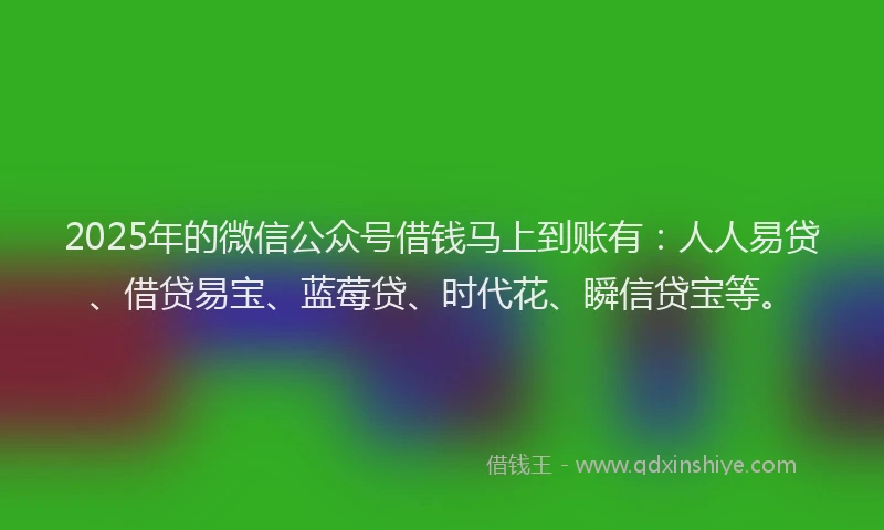 2025年的微信公众号借钱马上到账有：人人易贷、借贷易宝、蓝莓贷、时代花、瞬信贷宝等。