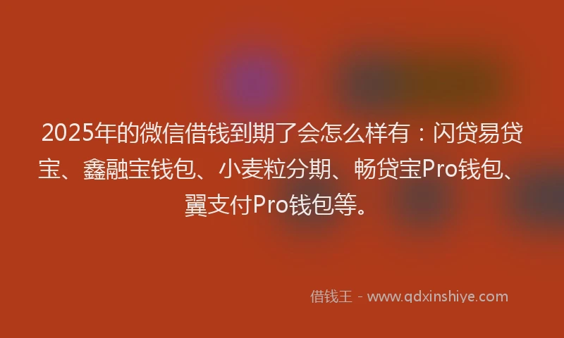 2025年的微信借钱到期了会怎么样有：闪贷易贷宝、鑫融宝钱包、小麦粒分期、畅贷宝Pro钱包、翼支付Pro钱包等。
