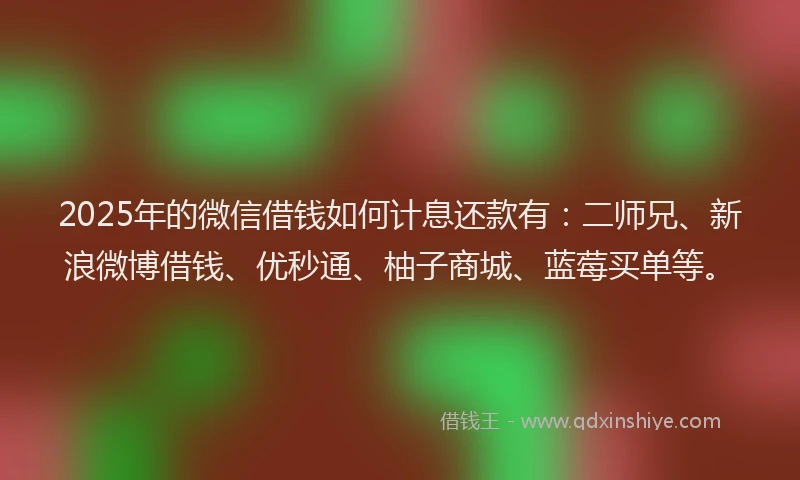 2025年的微信借钱如何计息还款有：二师兄、新浪微博借钱、优秒通、柚子商城、蓝莓买单等。