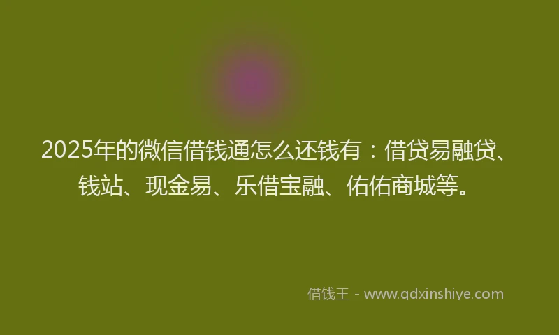 2025年的微信借钱通怎么还钱有：借贷易融贷、钱站、现金易、乐借宝融、佑佑商城等。