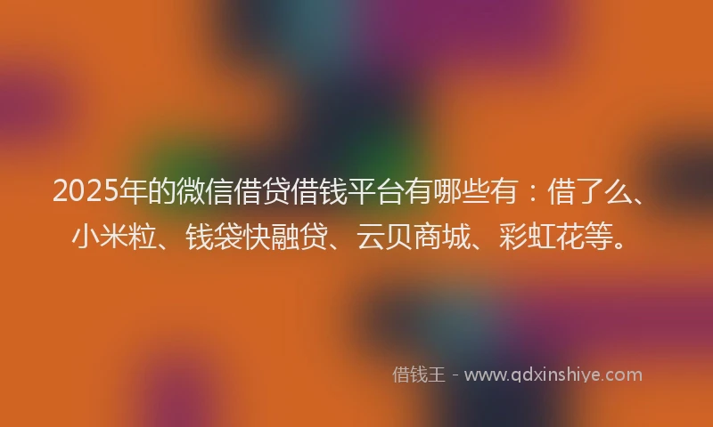 2025年的微信借贷借钱平台有哪些有：借了么、小米粒、钱袋快融贷、云贝商城、彩虹花等。