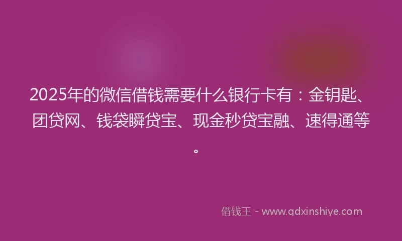 2025年的微信借钱需要什么银行卡有：金钥匙、团贷网、钱袋瞬贷宝、现金秒贷宝融、速得通等。
